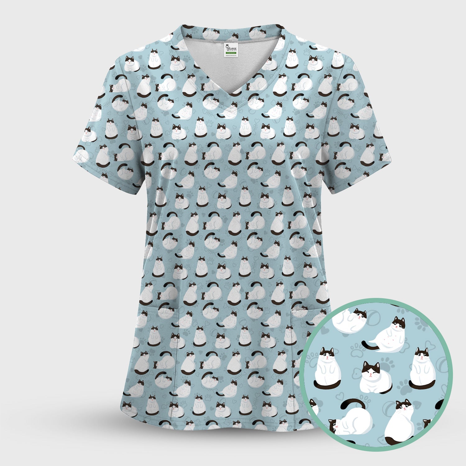 Cute Cat Pattern Medical Scrub Top, Breathable Fabrics Nursing Uniform