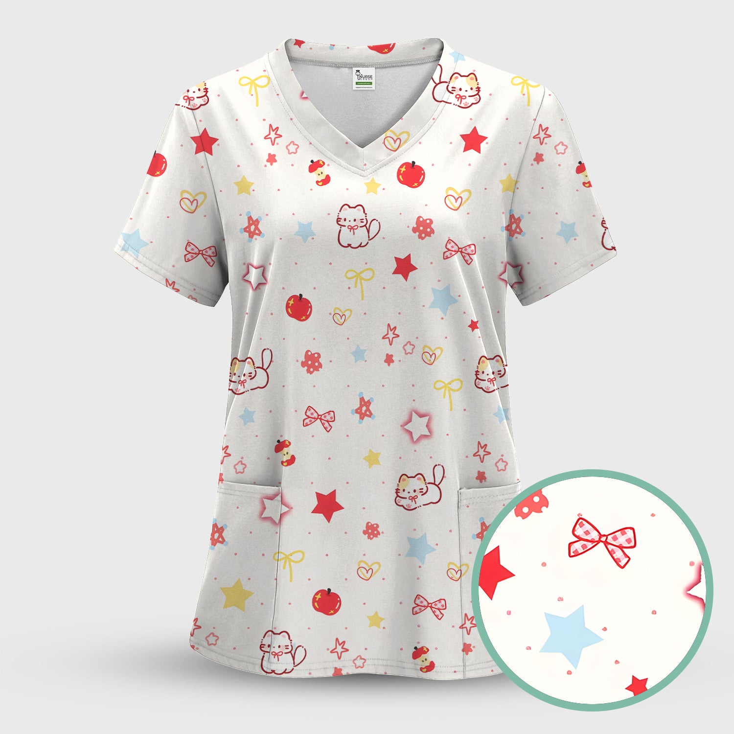 Cute Kawaii Cat Bow Star Pattern Scrub Top, Comfortable Scrubs for Nurses
