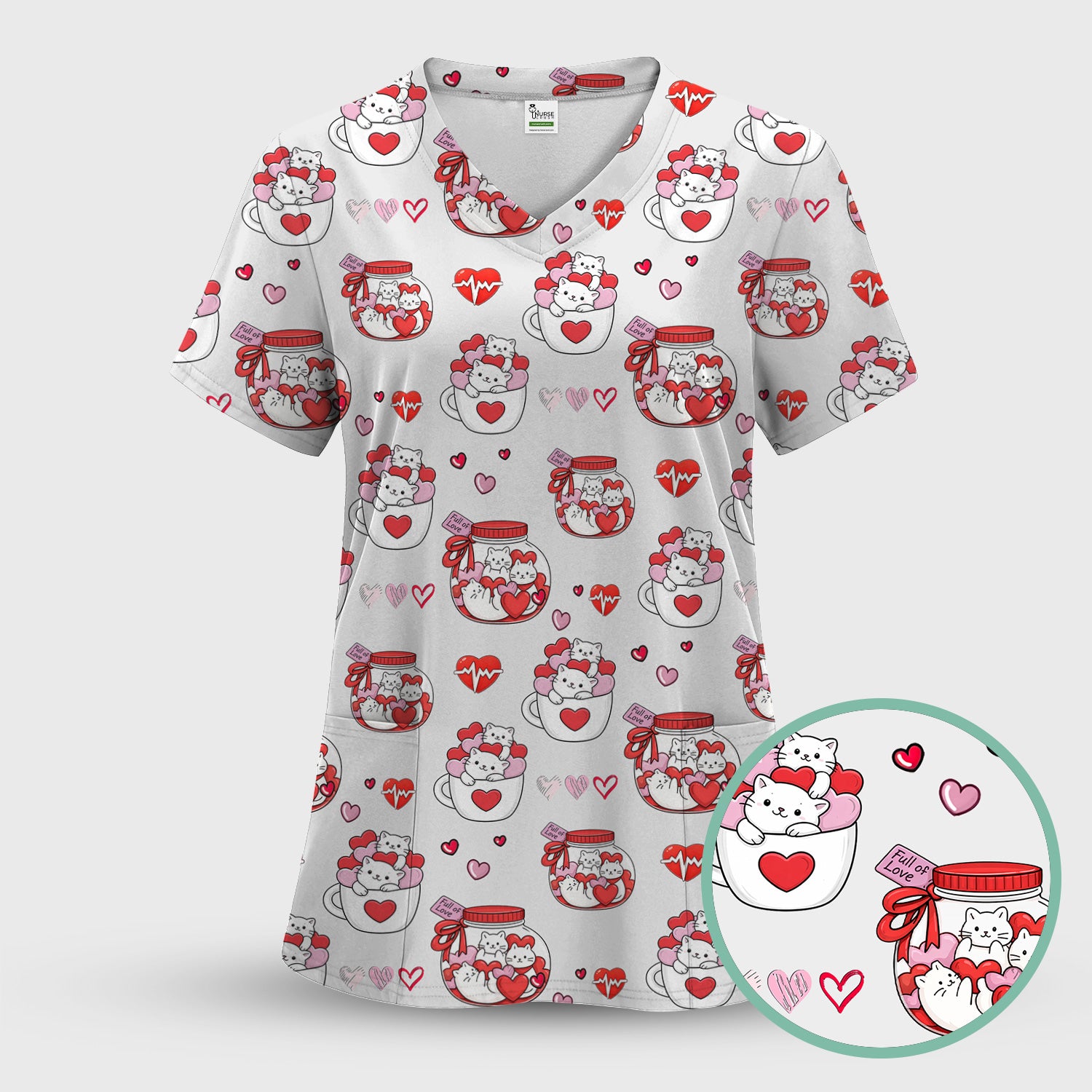 Cute Cat Valentine Nurse Scrub Top, Comfortable Scrubs for Nurses