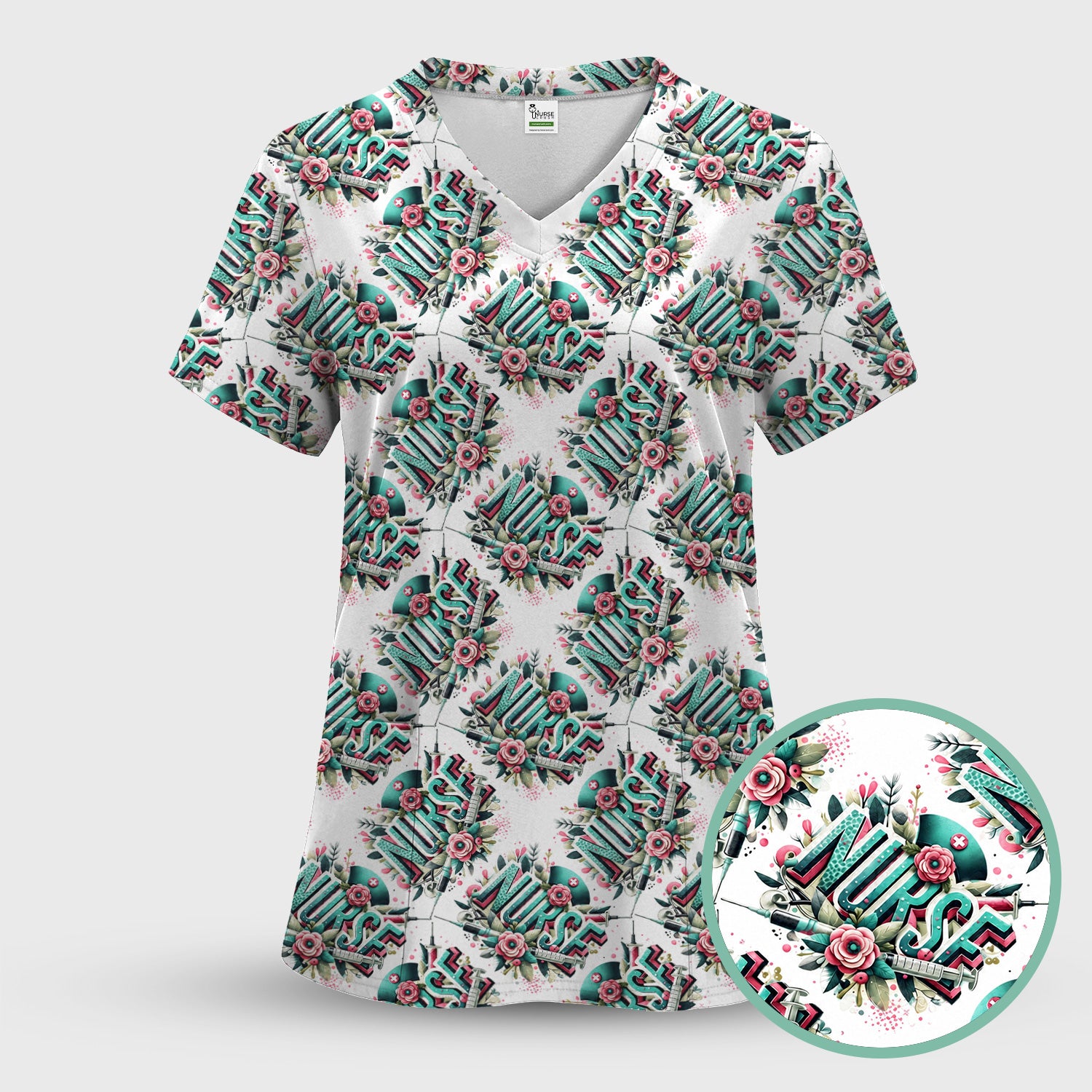 Cute Nurse Typography Floral Medical Pattern Scrub Set, Scrub Pants and V Neck Top