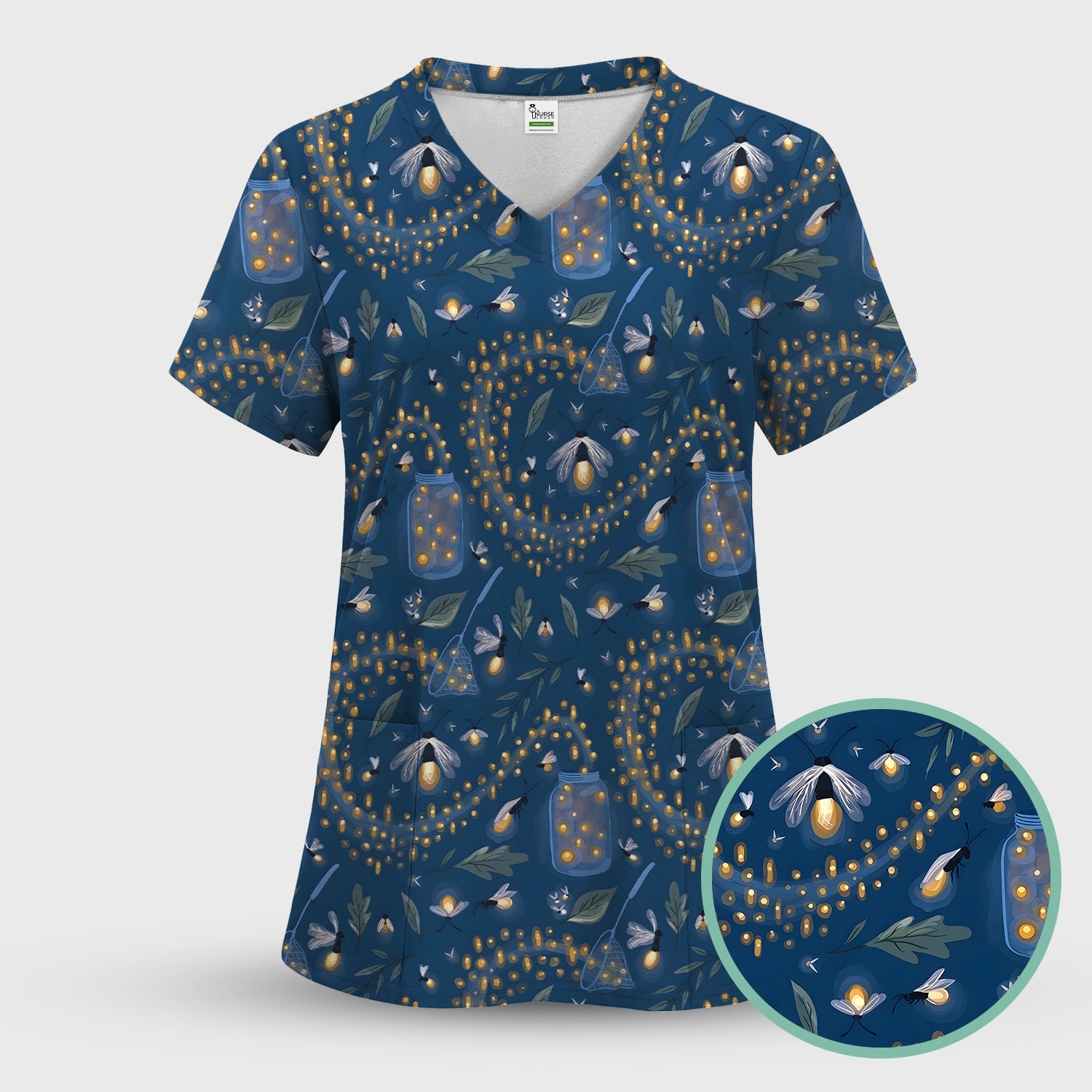 Cute Nurse Firefly Pattern Scrub Top, Comfortable Scrubs For Nurses