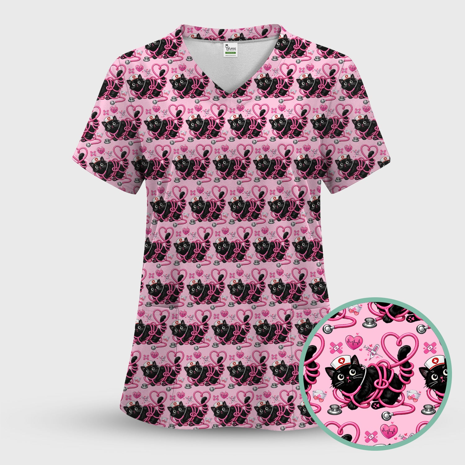 Valentine Cute Cat Nurse Heart Print Scrub Top, Comfortable Scrubs for Nurses