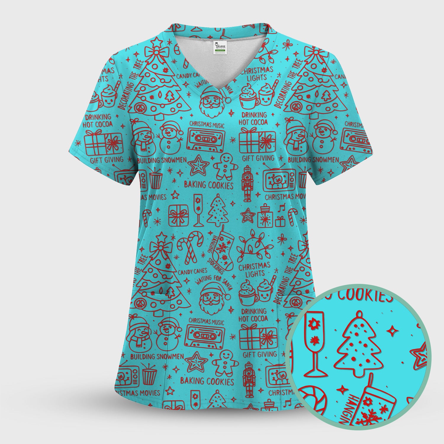 Christmas Pattern Scrub Top, Holiday Baking Cookies Nurse Shirt, Cute Medical Uniform Gift for RN, LPN, Healthcare Worker