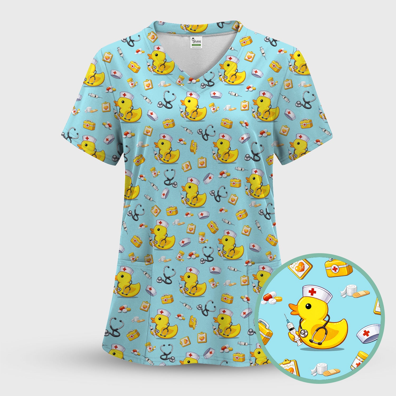 Playful Medical Duck Print Nurse Scrub Top, Comfortable Scrubs for Nurses