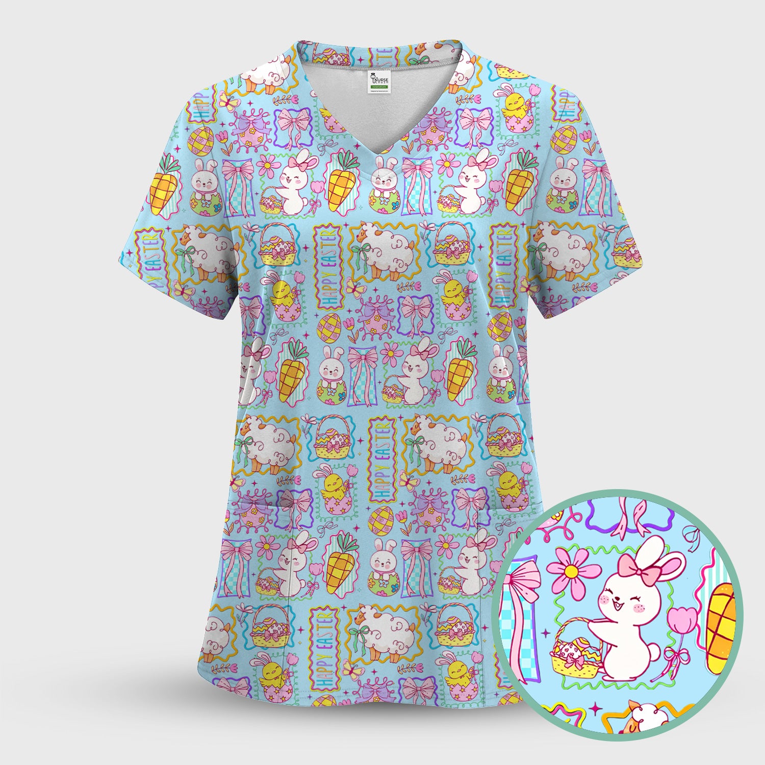 Cute Easter Bunny Egg and Bow Print Scrub Top, Breathable Fabrics Nursing Uniform