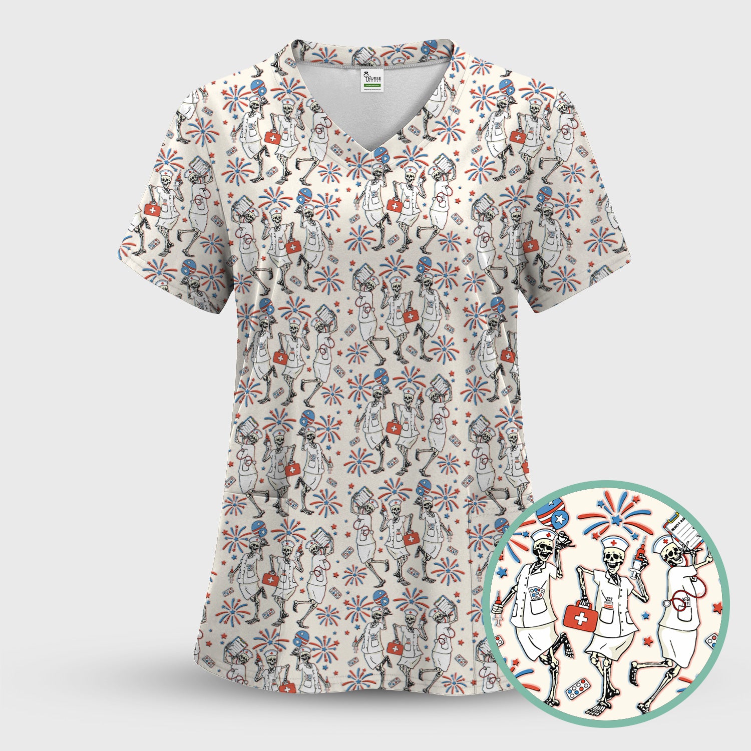 Funny Skeleton Nurse Patriotic Print Scrub Set, Scrub Pants and V Neck Top