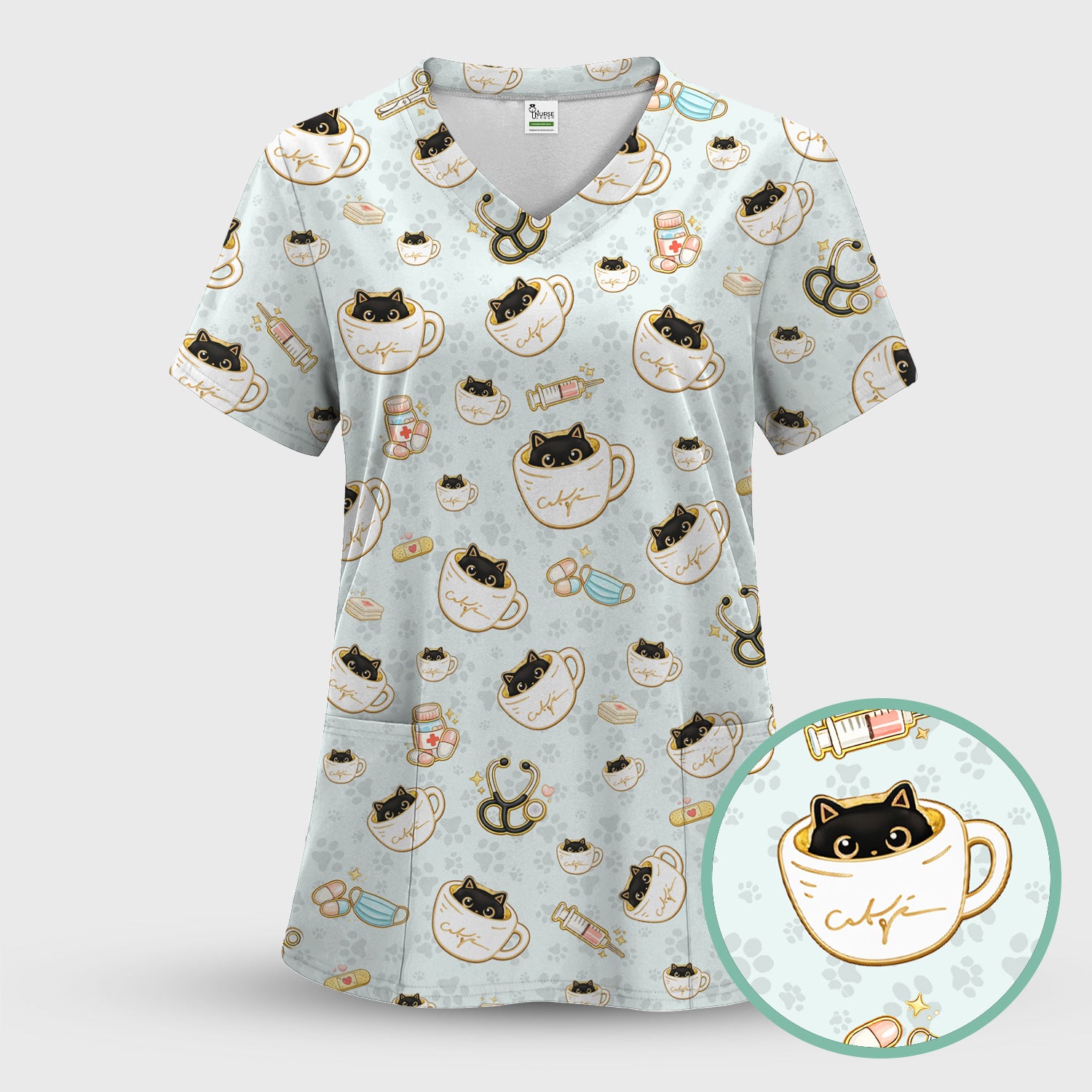 Cute Coffee Cat Medical Print Scrub Top, Breathable Fabrics Nursing Uniform
