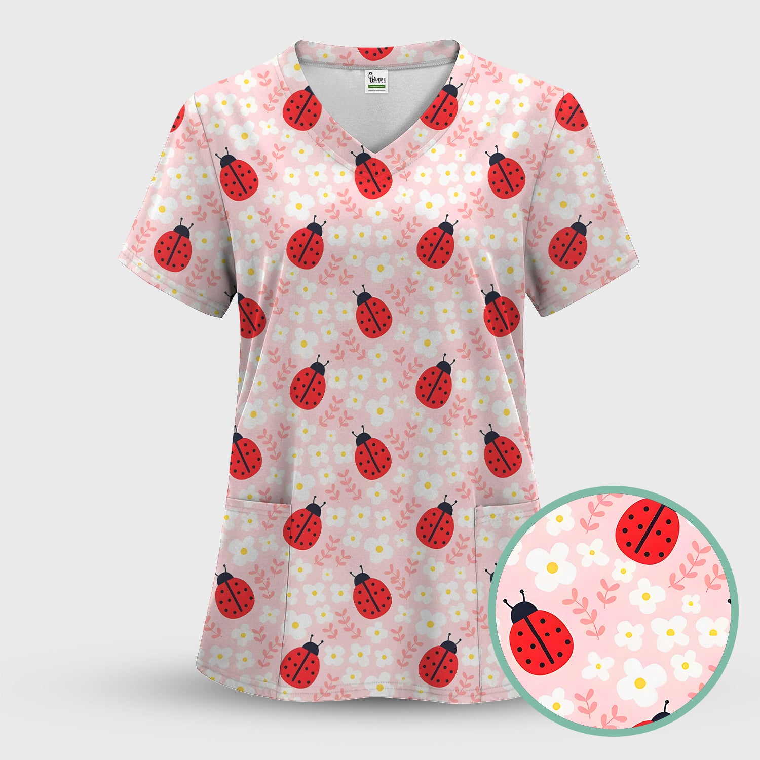 Cute Ladybug Blossom Print Scrub Top, Pastel Garden Medical Scrubs for Women