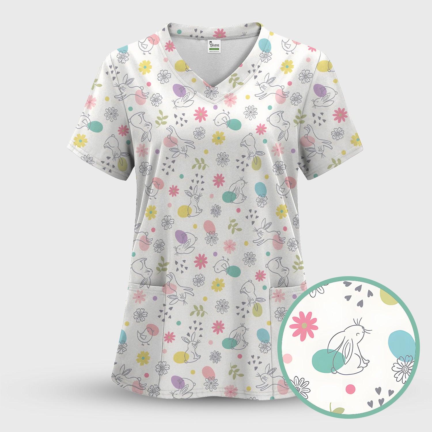 Whimsical Easter Bunny Eggs Pattern Scrub Top, Comfortable Scrubs for Nurses
