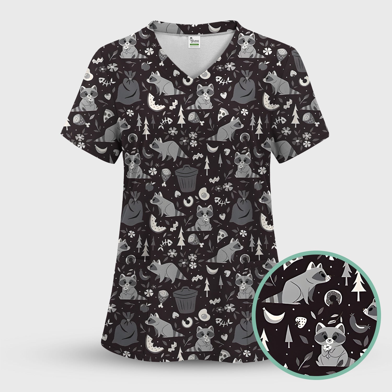 Cute Raccoon Forest Food Pattern Scrub Top, Breathable Fabrics Nursing Uniform
