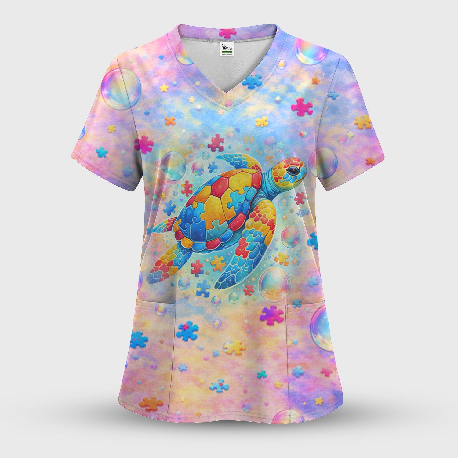 Autism Puzzle Sea Turtle Pastel Rainbow Print Scrub Top, Comfortable Scrubs for Nurses