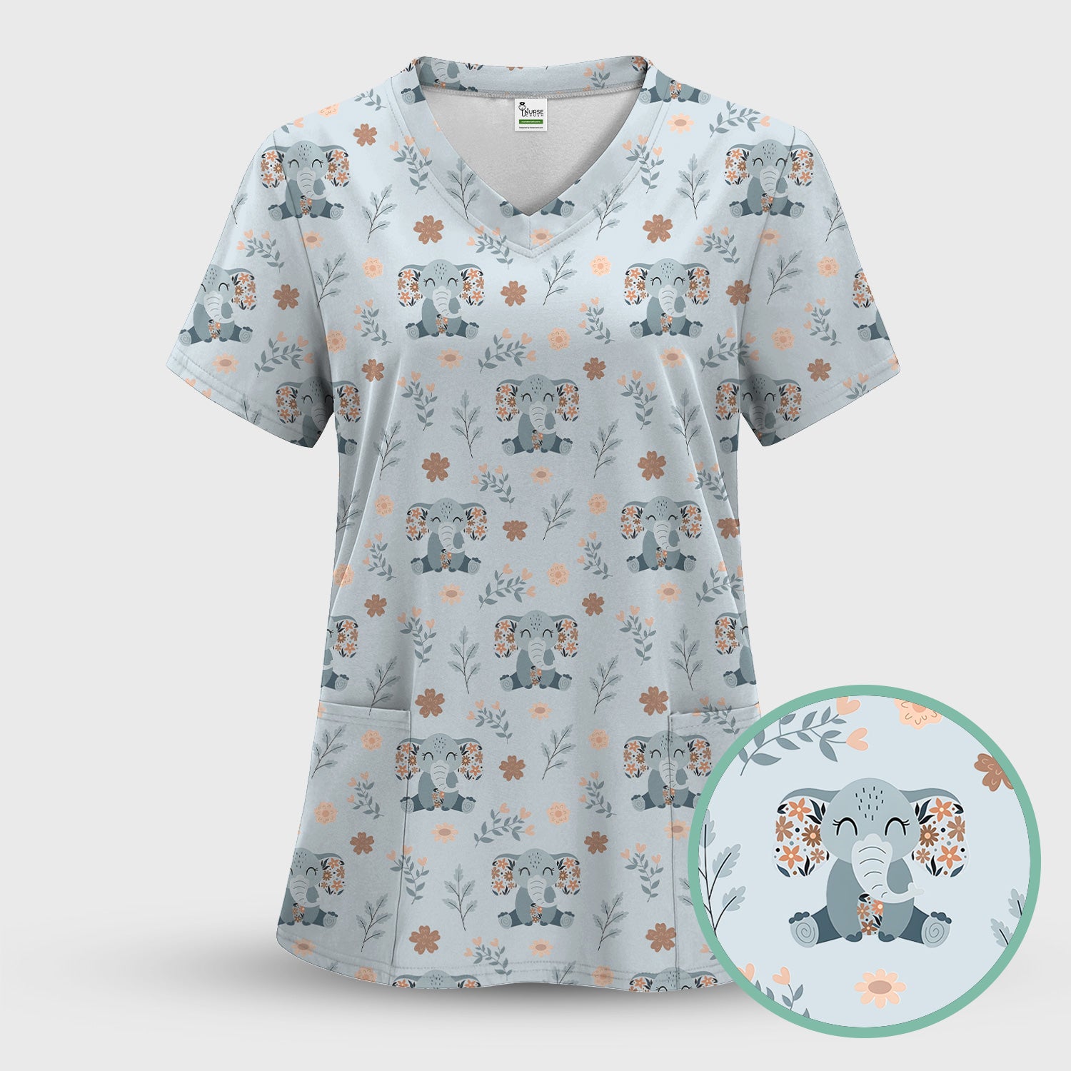 Cute Elephant Floral Print Scrub Top, Comfortable Scrubs for Nurses