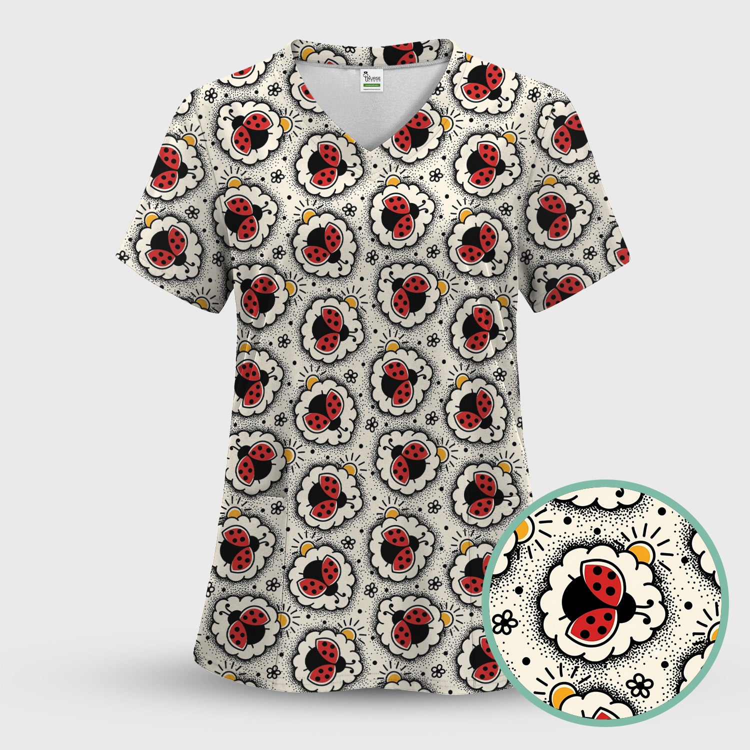 Cute Ladybug in Floral Frame Pattern Scrub Top, Breathable Fabrics Nursing Uniform