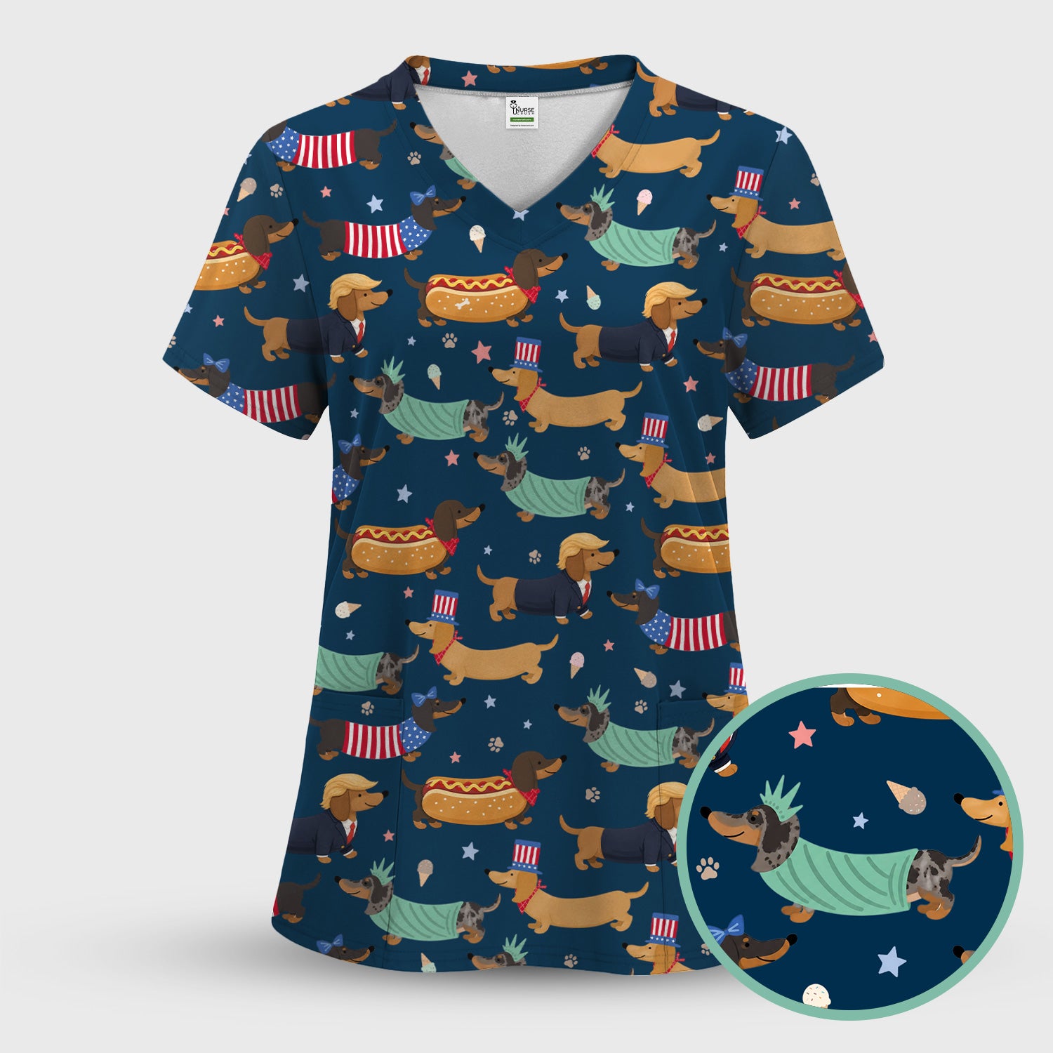 Funny Patriotic Dachshund Costume Dogs Scrub Set, Women's Scrub Sets