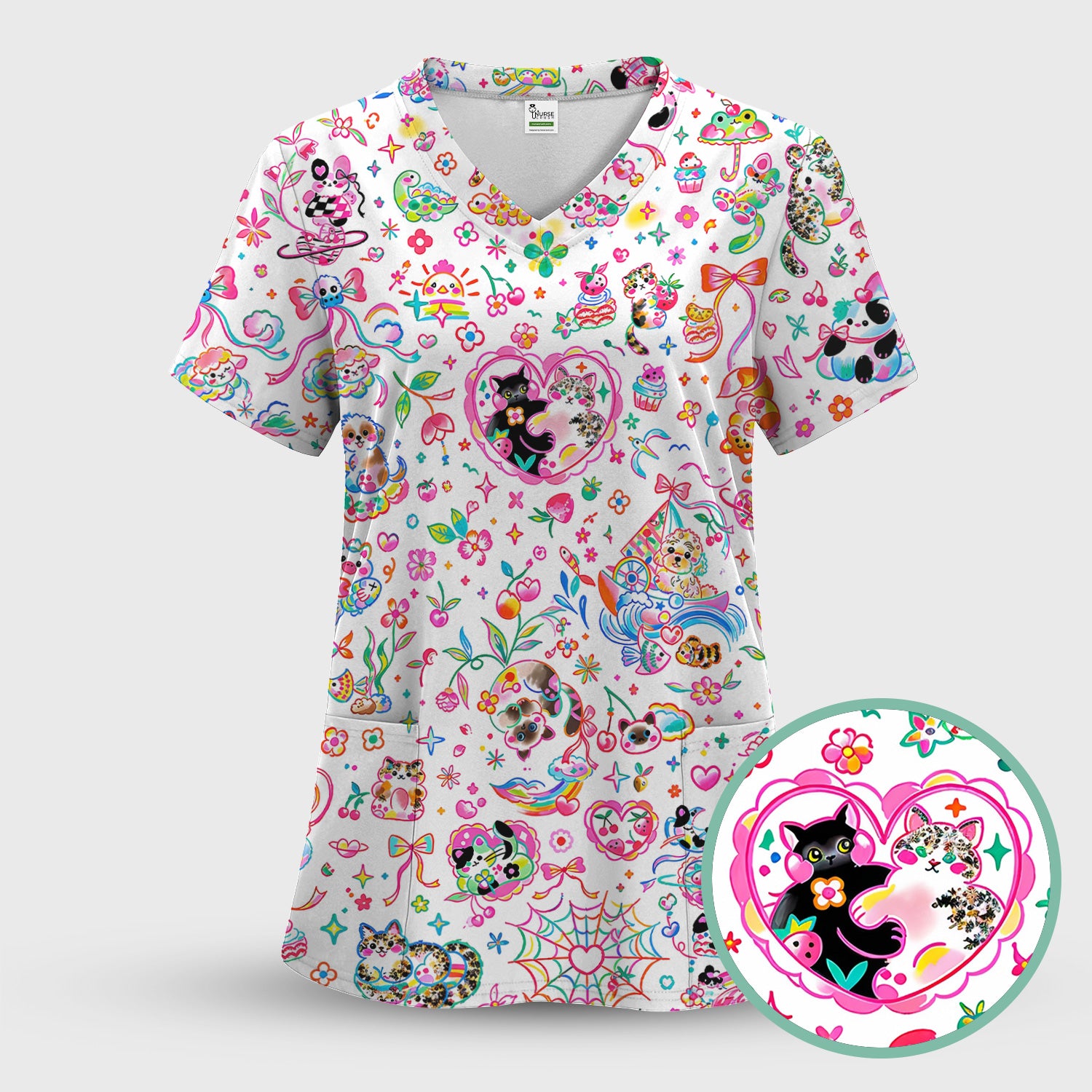 Colorful Kawaii Cat Heart Doodle Pattern Scrub Top, Comfortable Scrubs for Nurses