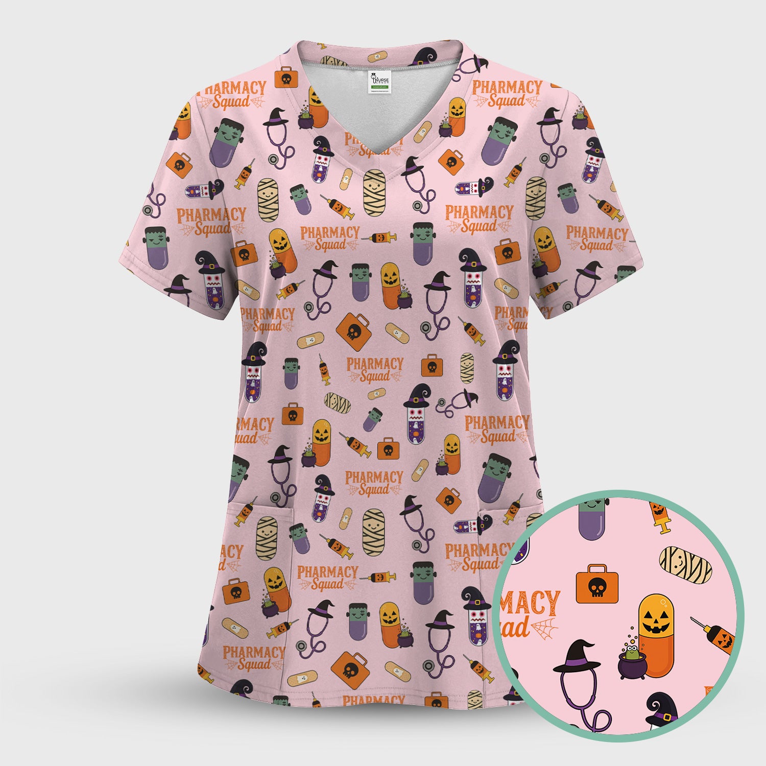 Halloween Pharmacy Squad Scrub Top - Funny Medical Pattern Scrubs for Women - Cute Halloween Pill and Witch Print Shirt for Pharmacists