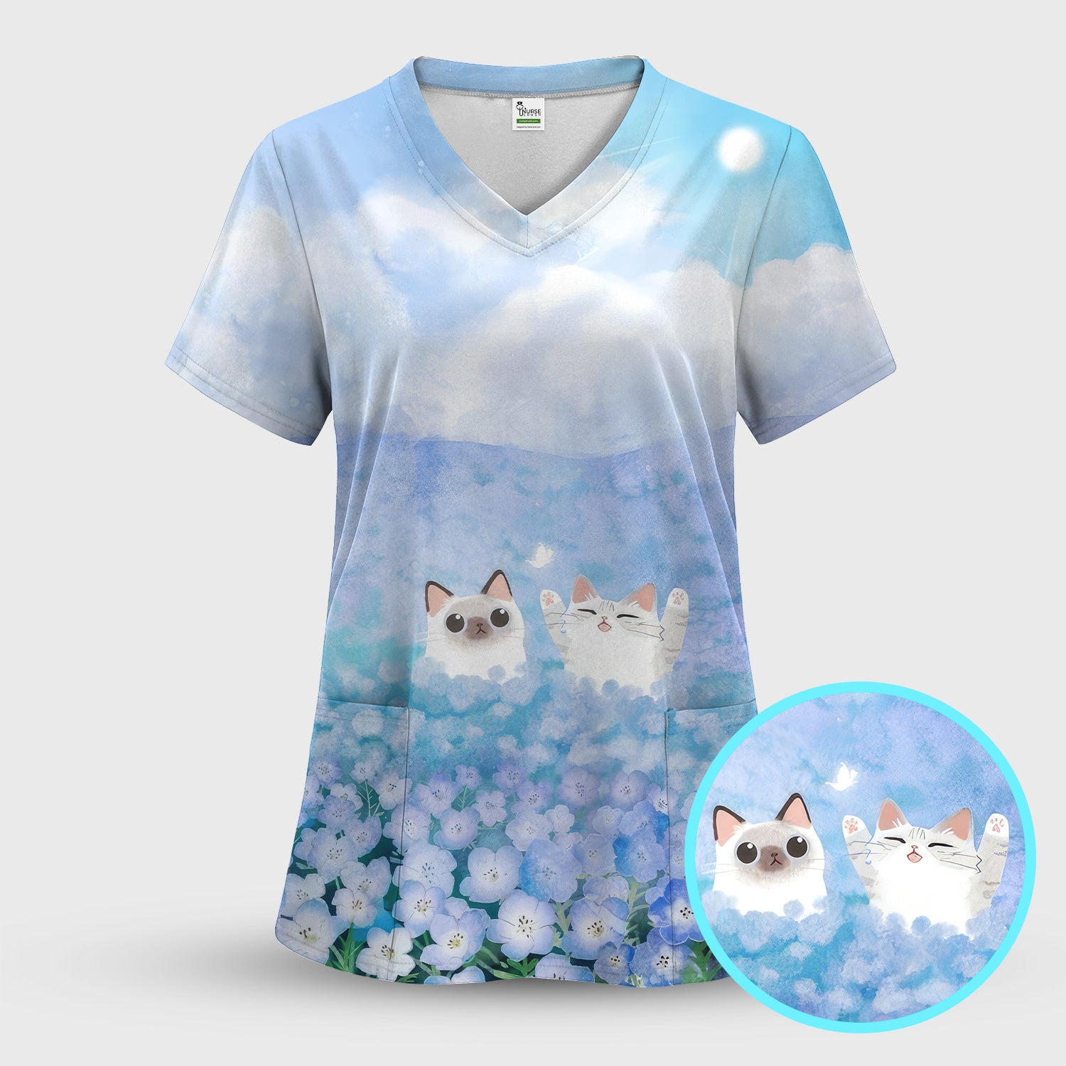 Dreamy Cat Cloud Hydrangea Sky Pattern Scrub Set, Scrub Pants and V Neck Top