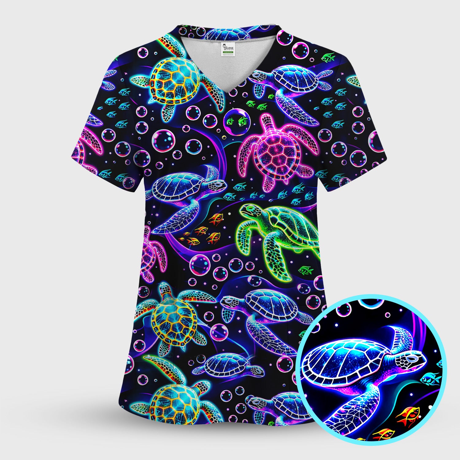 Neon Sea Turtle Swimming Bubble Ocean Scrub Top, Breathable Fabrics Nursing Uniform