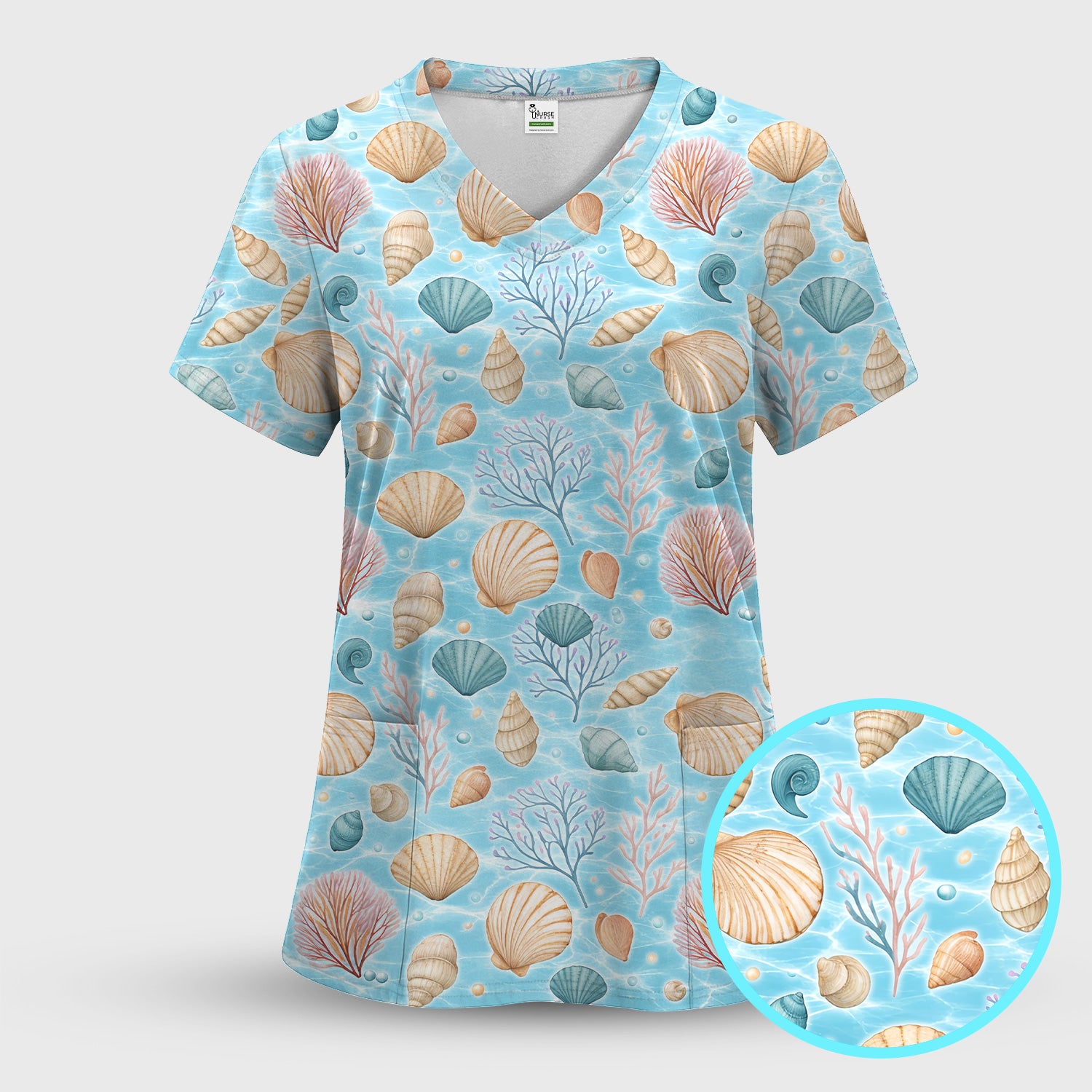 Cute Nurse Coastal Seashell And Coral Reef Scrub Set, Scrub Pants and V Neck Top