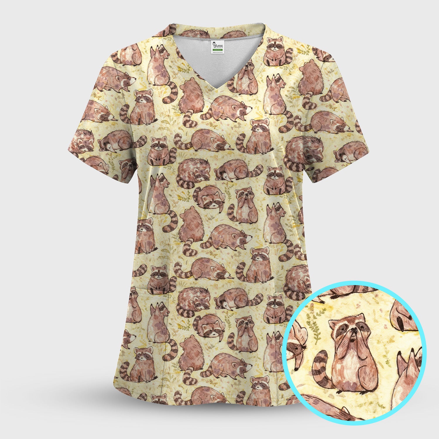 Cute Raccoon Woodland Pattern Scrub Set, Scrub Pants and V Neck Top