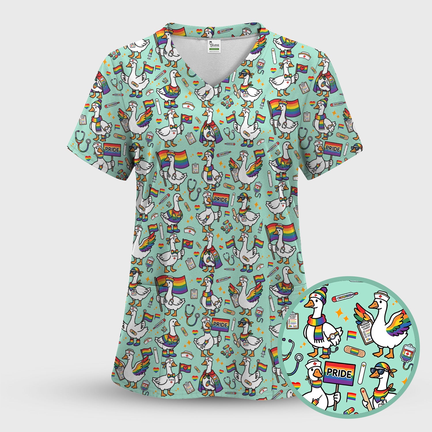 LGBT Pride Nurse Duck Pattern Scrub Top, Breathable Fabrics Nursing Uniform