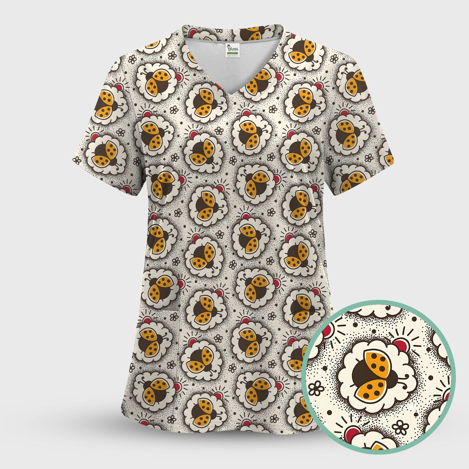 Cute Ladybug in Floral Frame Pattern Scrub Top, Breathable Fabrics Nursing Uniform
