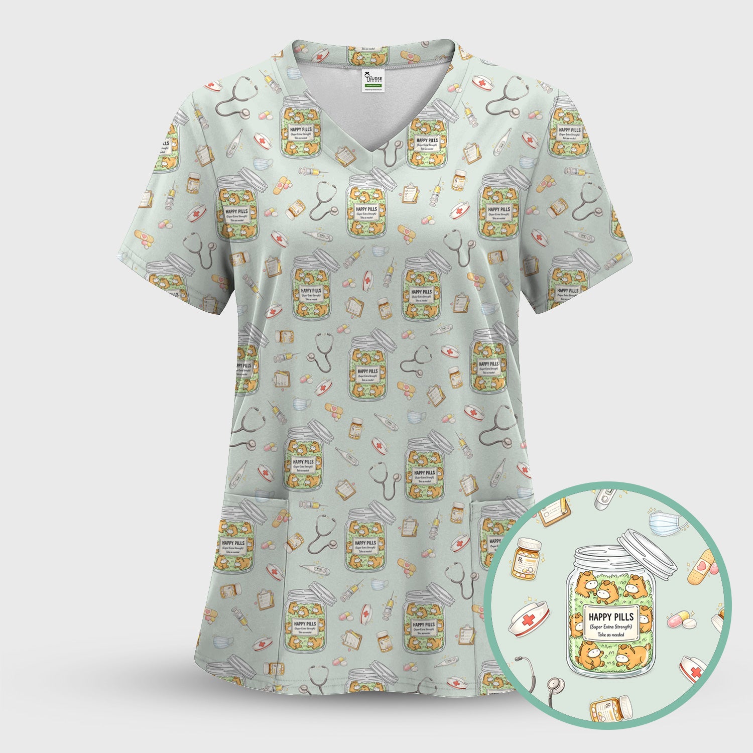 Happy Pills Horse Medical Print Nurse Scrub Top, Comfortable Scrubs for Nurses