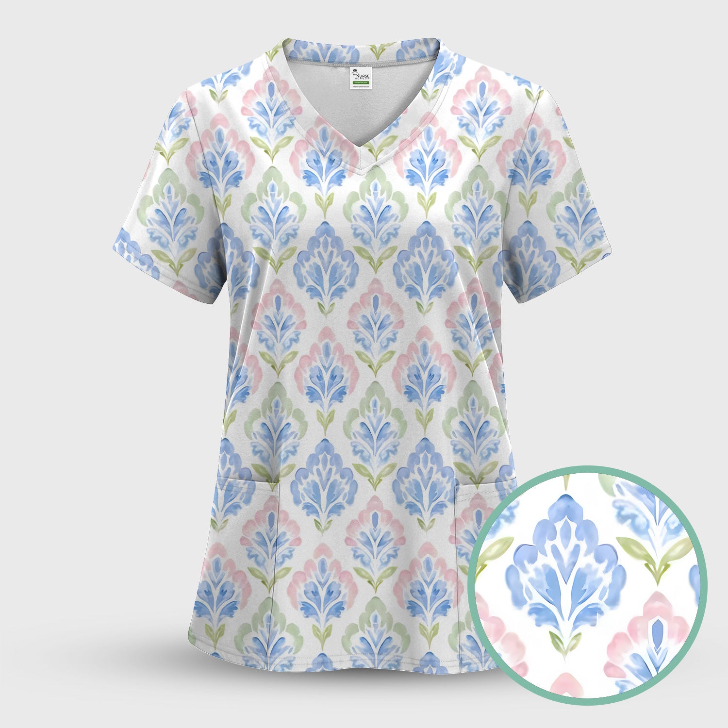 Blue Floral Damask Pattern Scrub Set, Women's Scrub Sets