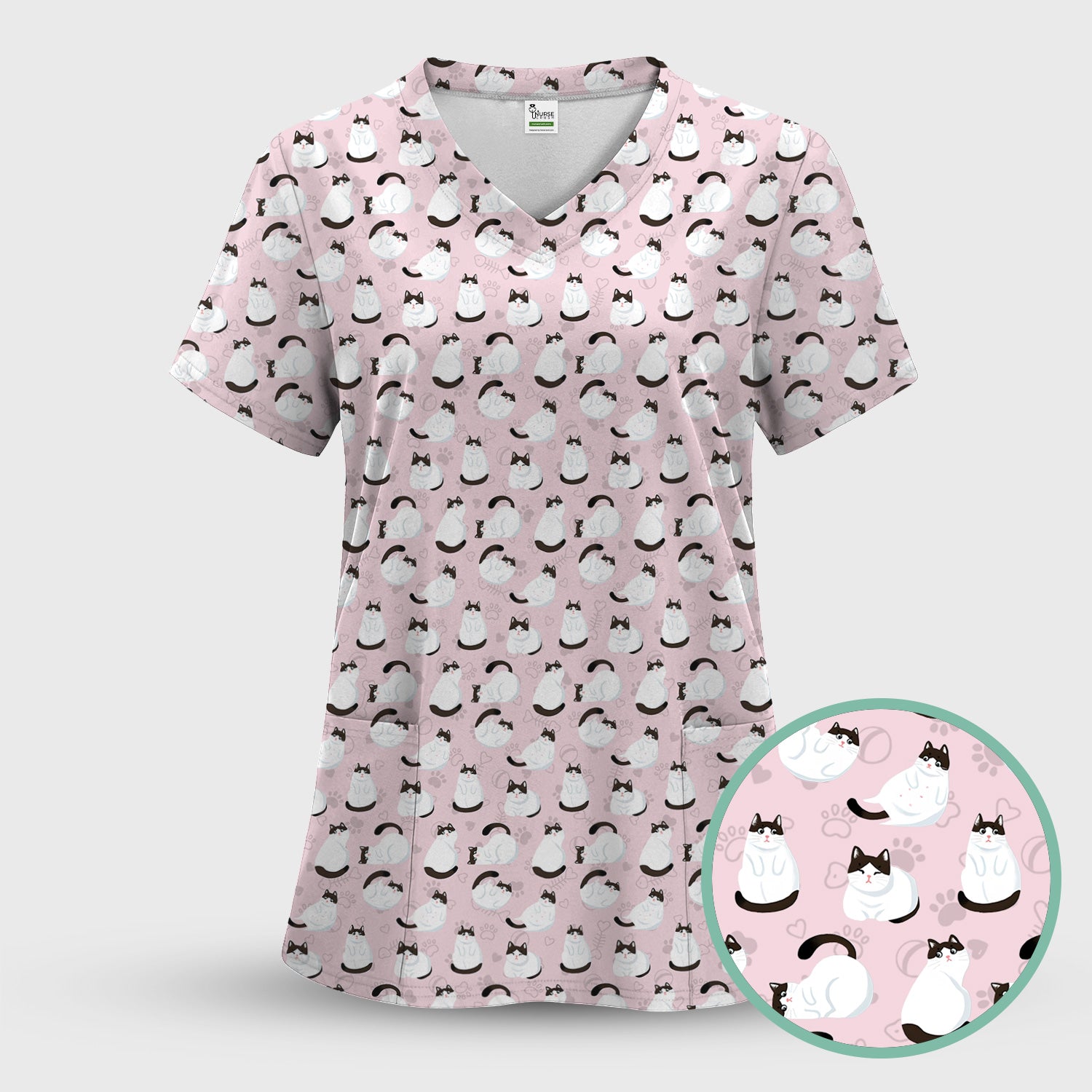 Cute Cat Pattern Medical Scrub Top, Breathable Fabrics Nursing Uniform