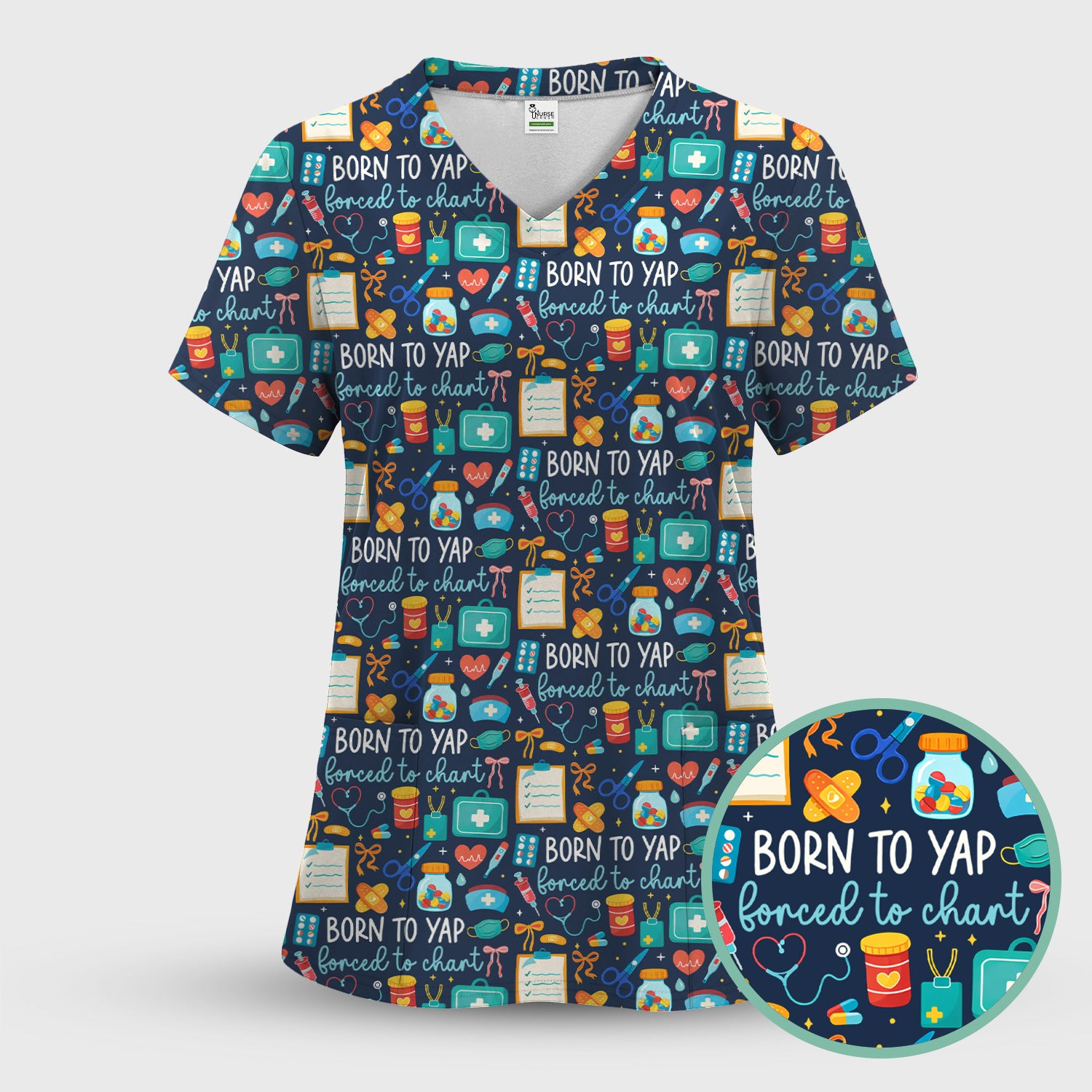 Born To Yap Medical Tools Pattern Scrub Top, Comfortable Scrubs for Nurses