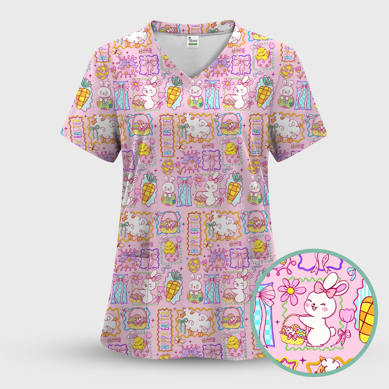 Cute Easter Bunny Egg and Bow Print Scrub Top, Breathable Fabrics Nursing Uniform