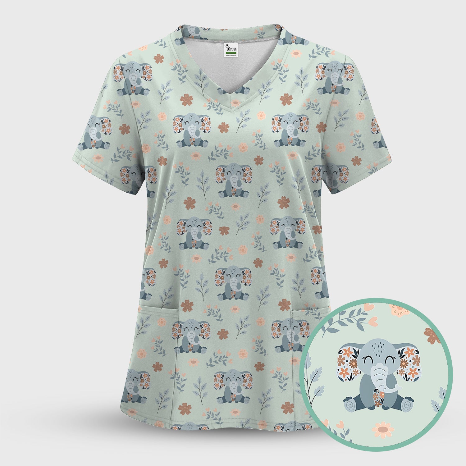 Cute Elephant Floral Print Scrub Top, Comfortable Scrubs for Nurses