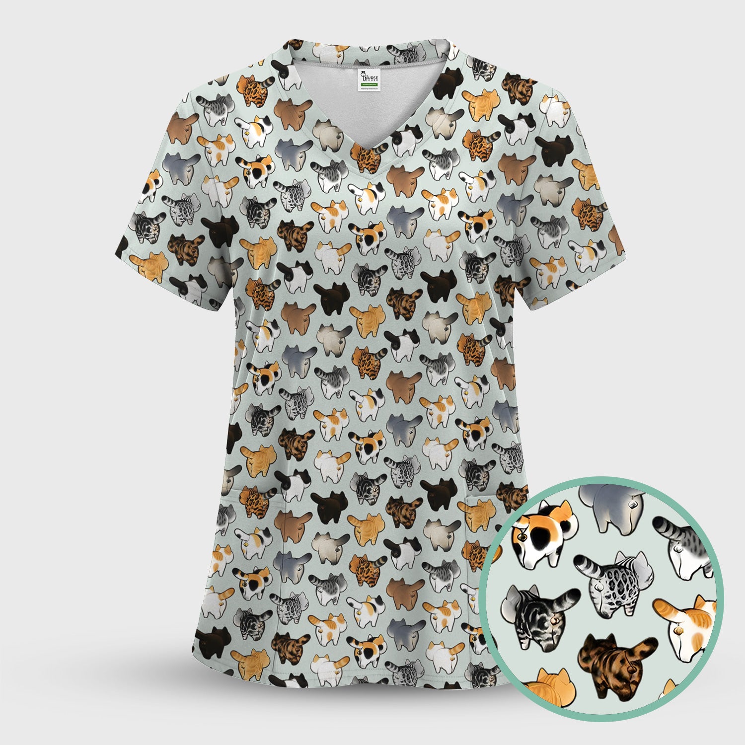 Cat Butt Pattern Medical Scrub Top, Breathable Fabrics Nursing Uniform