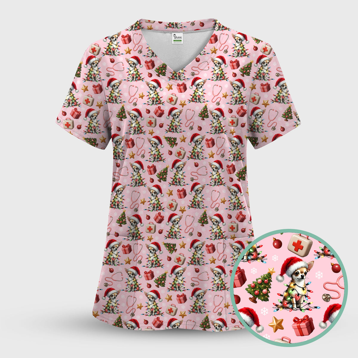 Funny Chihuahua Nurse Scrub Top, Christmas Dog Pattern Medical Shirt, Holiday Scrubs for RN, LPN, CNA, Vet Tech Gift