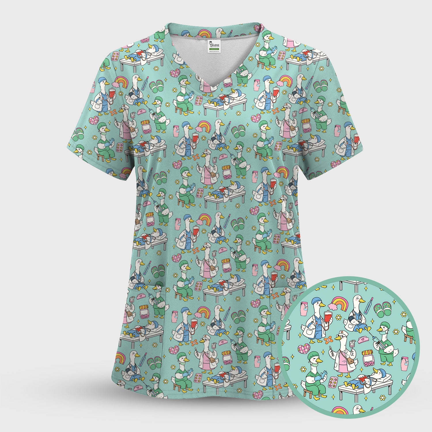 Funny Nurse Duck Medical Doodle Pattern Scrub Top, Comfortable Nurse Workwear Top