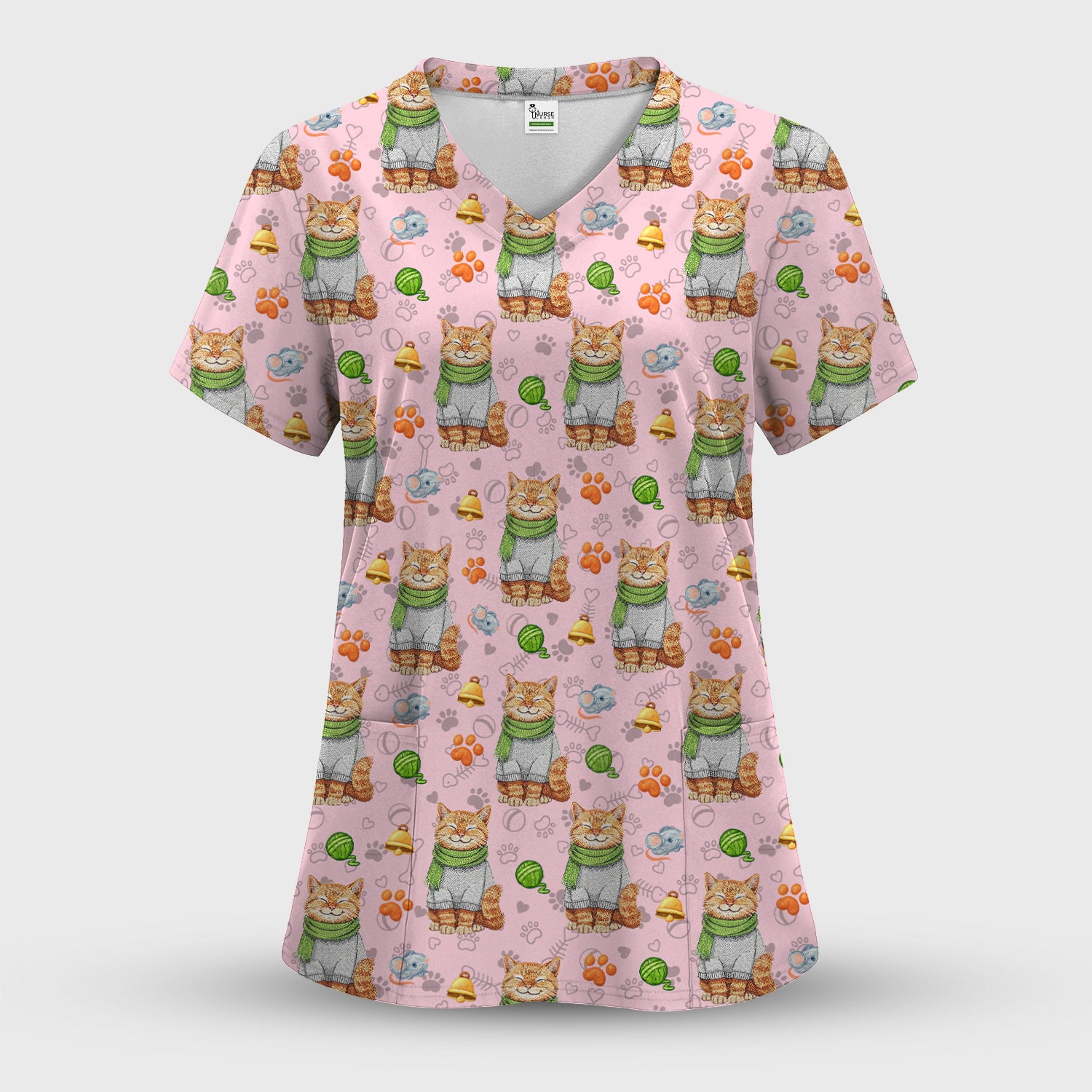 Adorable Cat Lover Nurse Scrub Top, Cute Cat Medical Pattern Shirt, Breathable Fabrics Nursing Uniform