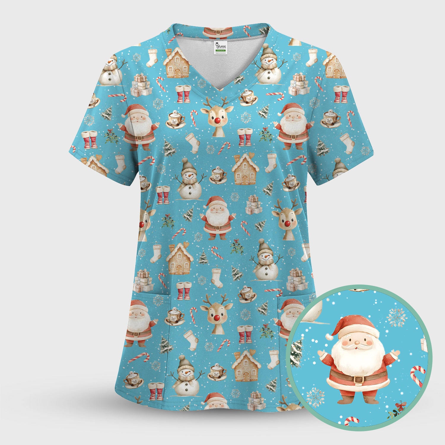 Christmas Santa Pattern  Scrub Top – Cute Medical Uniform for Nurses - Breathable Fabrics Nursing Uniform
