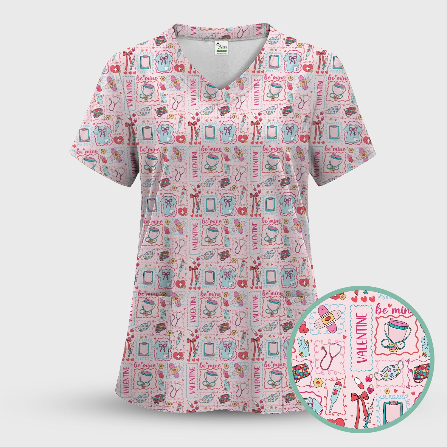 Valentine Medical Hearts Bandages Syringes Scrub Top, Comfortable Scrubs for Nurses