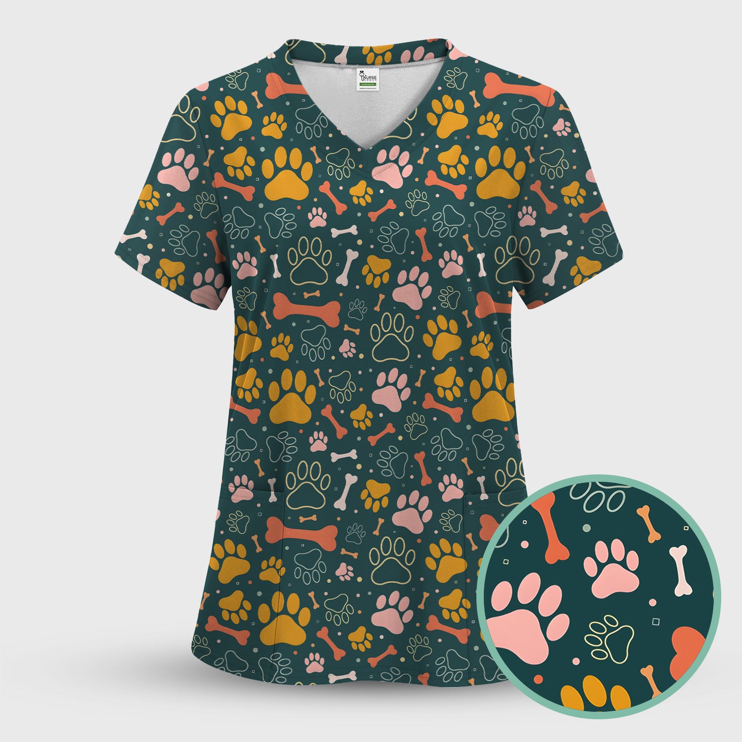 Cute Paw Print Dog Pattern Scrub Top, Comfortable Scrubs for Nurses