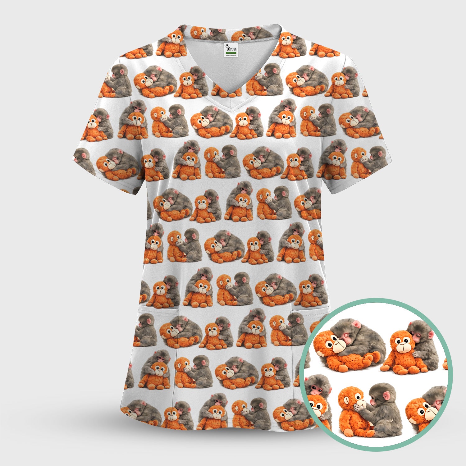 Cute Baby Monkey Plush Toy Animal Pattern Scrub Top, Breathable Medical Uniform Top
