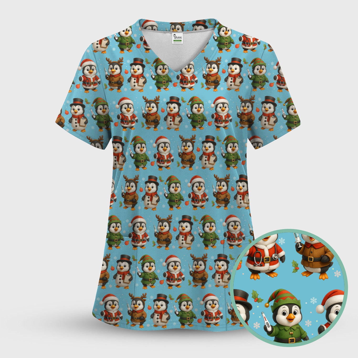 Christmas Scrubs for Women - Cute Penguin Pattern Scrub Top for Nurses - Holiday Penguin Christmas Scrubs Gift Idea
