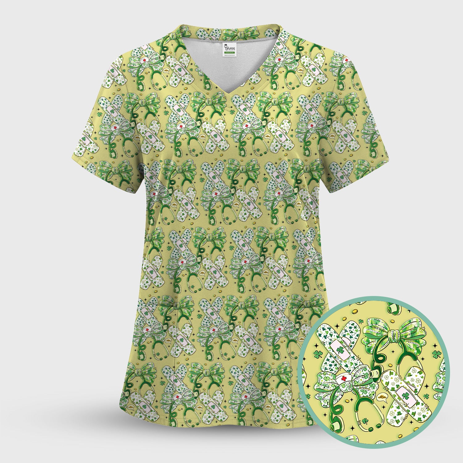 St Patrick Shamrock Stethoscope Bow Print Scrub Set, Breathable Med Uniform