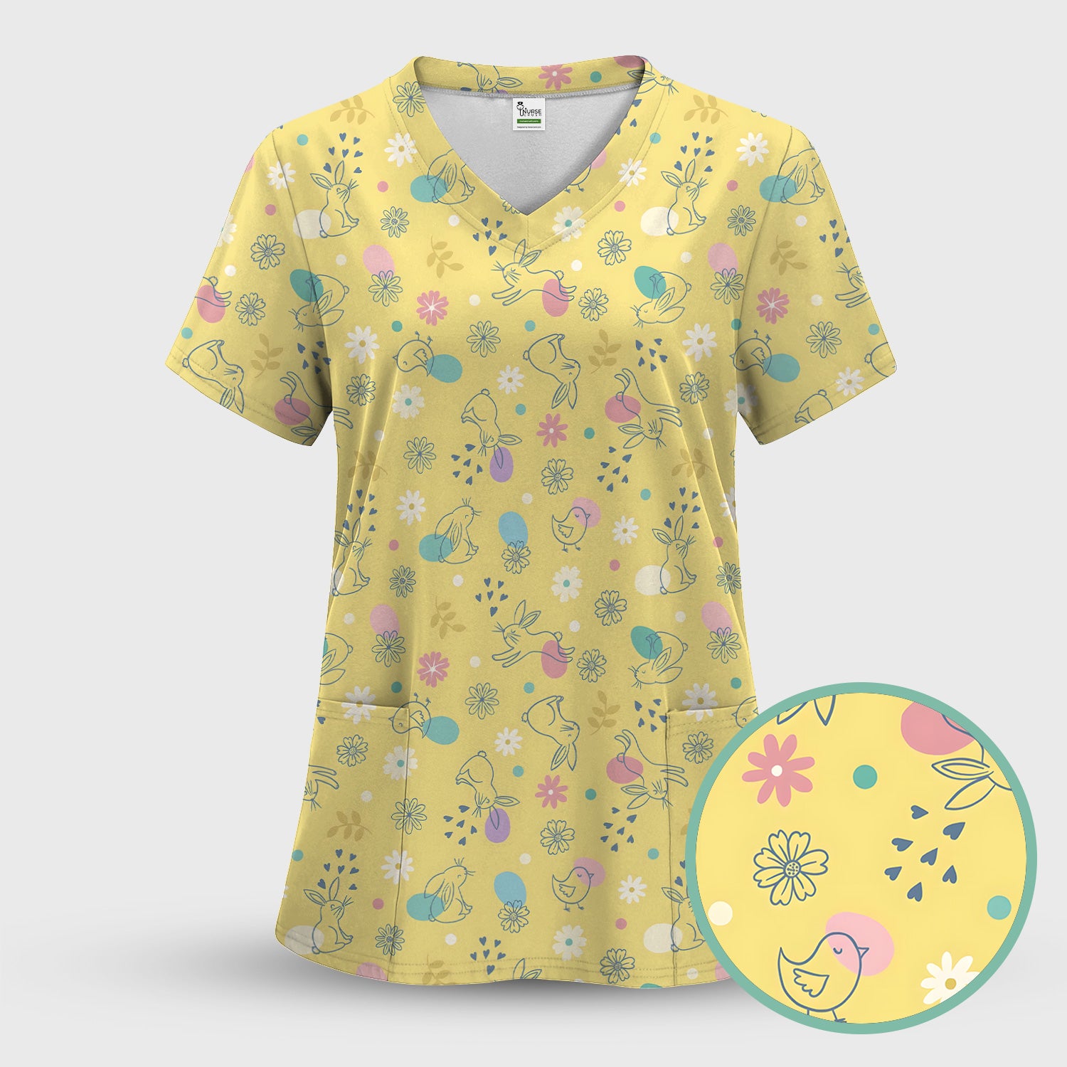 Whimsical Easter Bunny Eggs Pattern Scrub Top, Comfortable Scrubs for Nurses