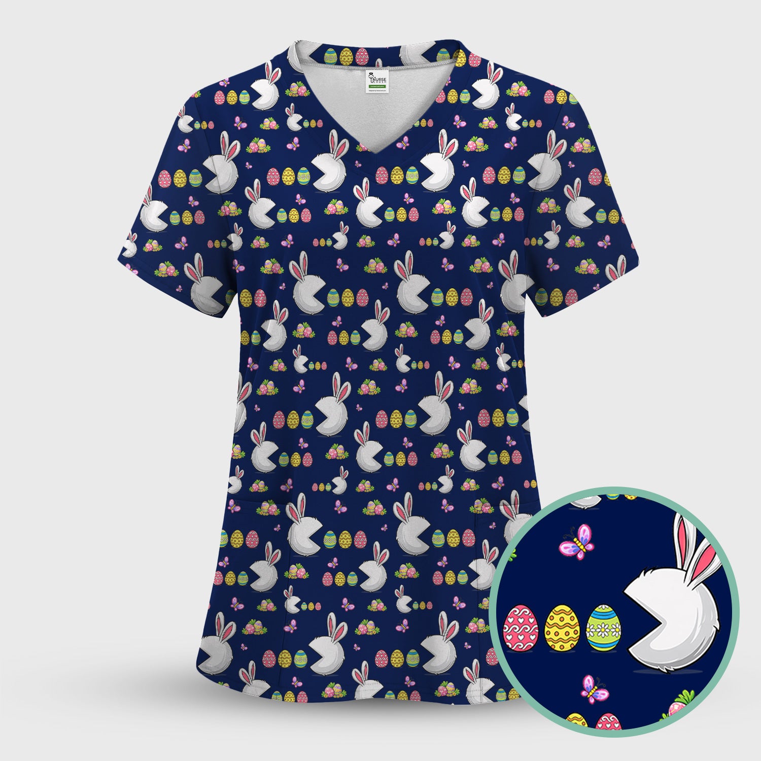 Easter Bunny and Colorful Eggs Print Scrub Top, Breathable Fabrics Nursing Uniform