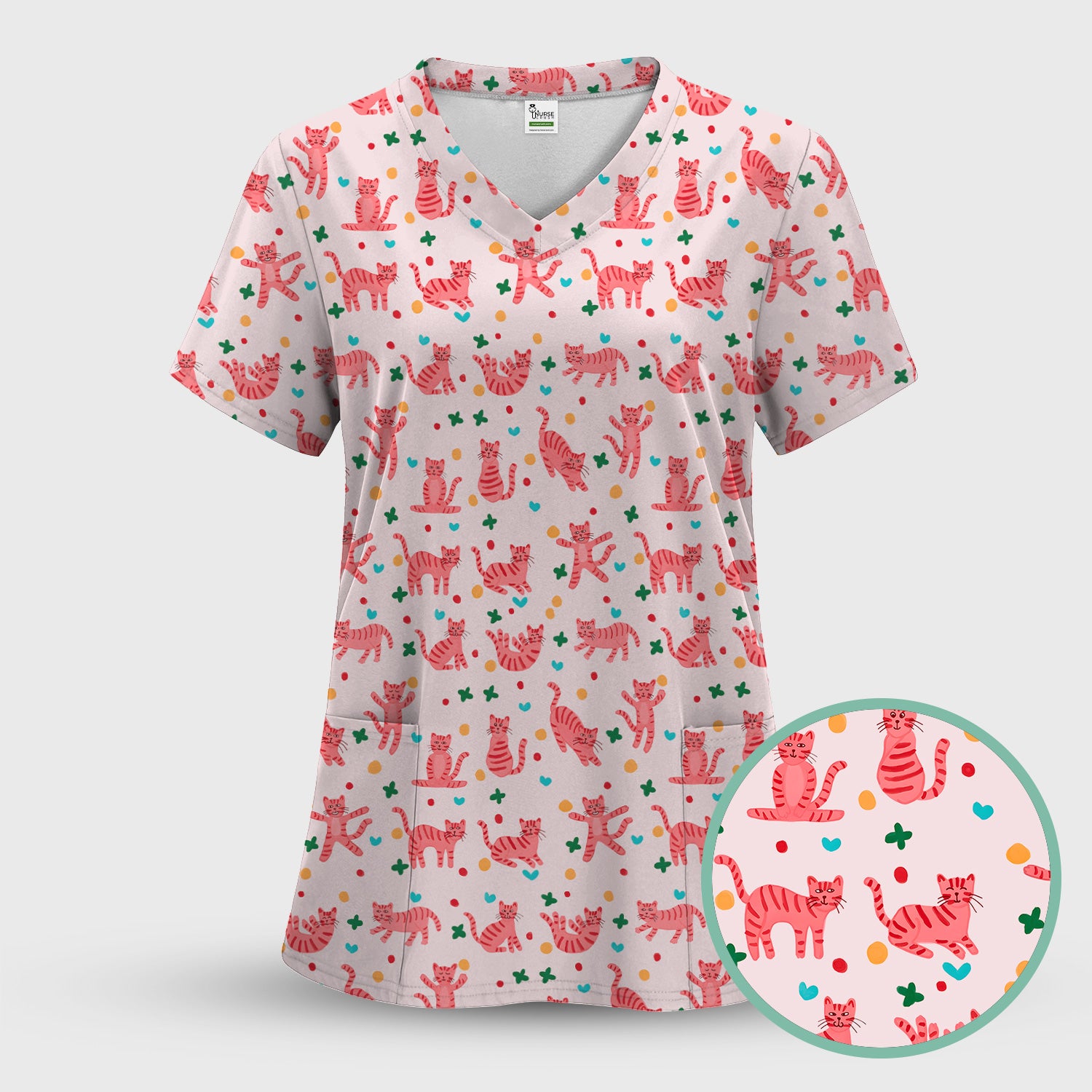 Cute Pink Cat Pattern Scrub Top, Comfortable Scrubs for Nurses