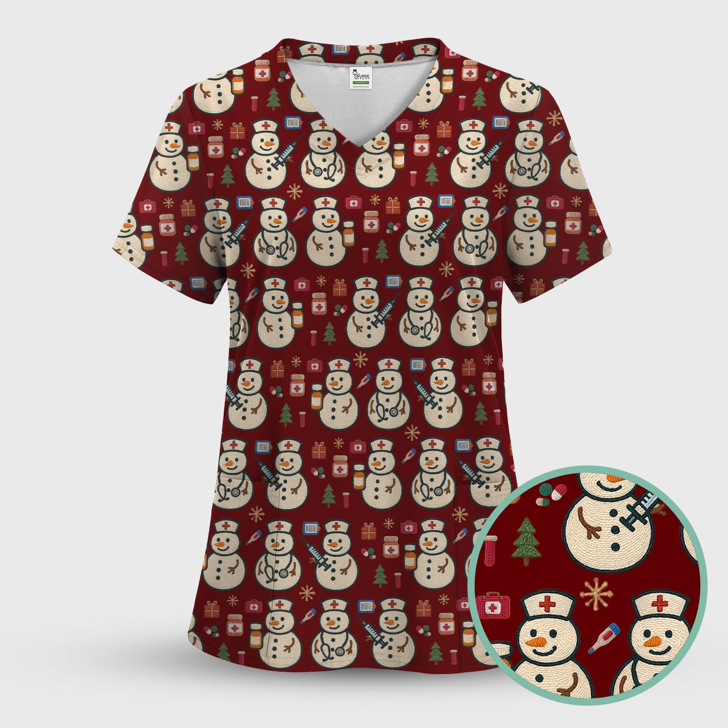 Snowman Nurse Christmas Scrub Top – Festive Medical Pattern Shirt – Cute Holiday Uniform For Nursing