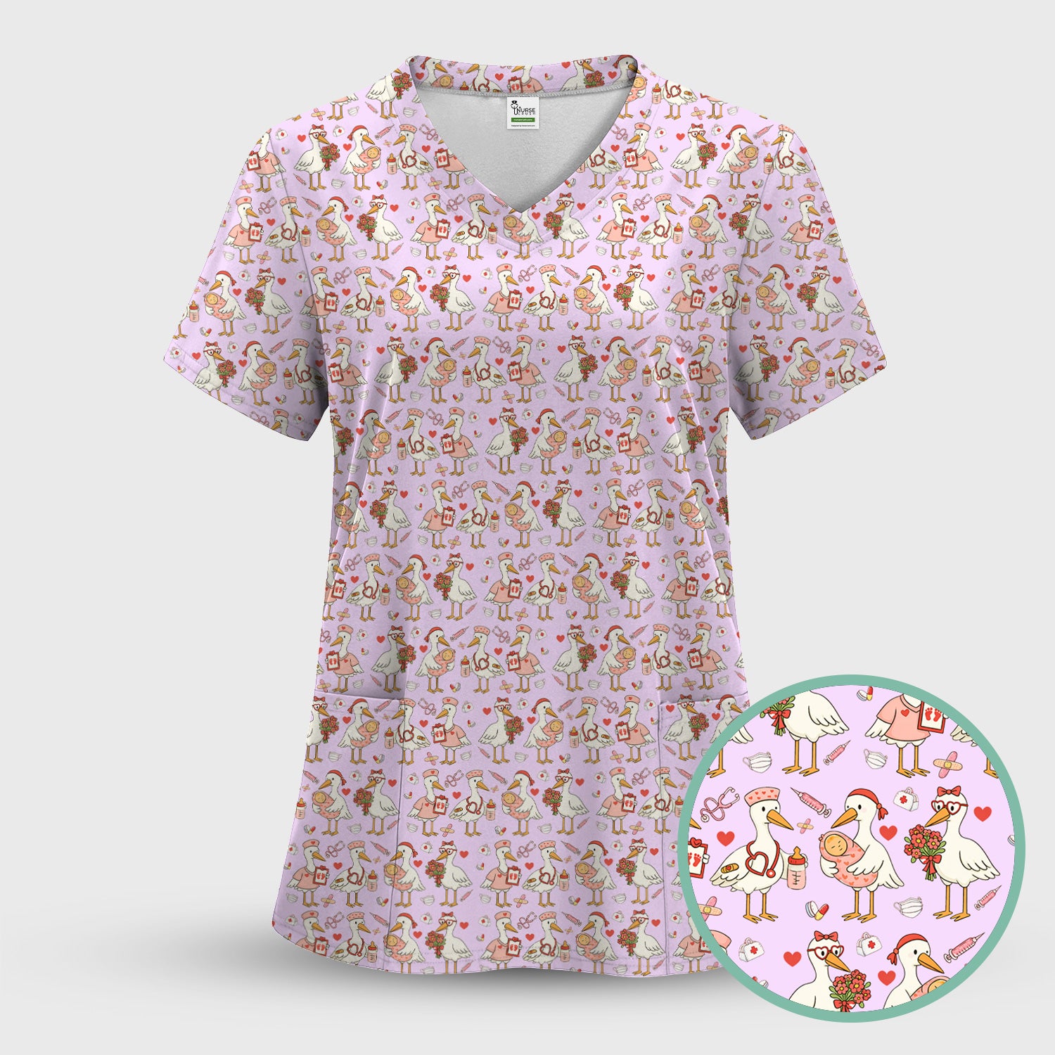Cute Goose Nurse Valentine Pattern Scrub Top, Breathable Fabrics Nursing Uniform