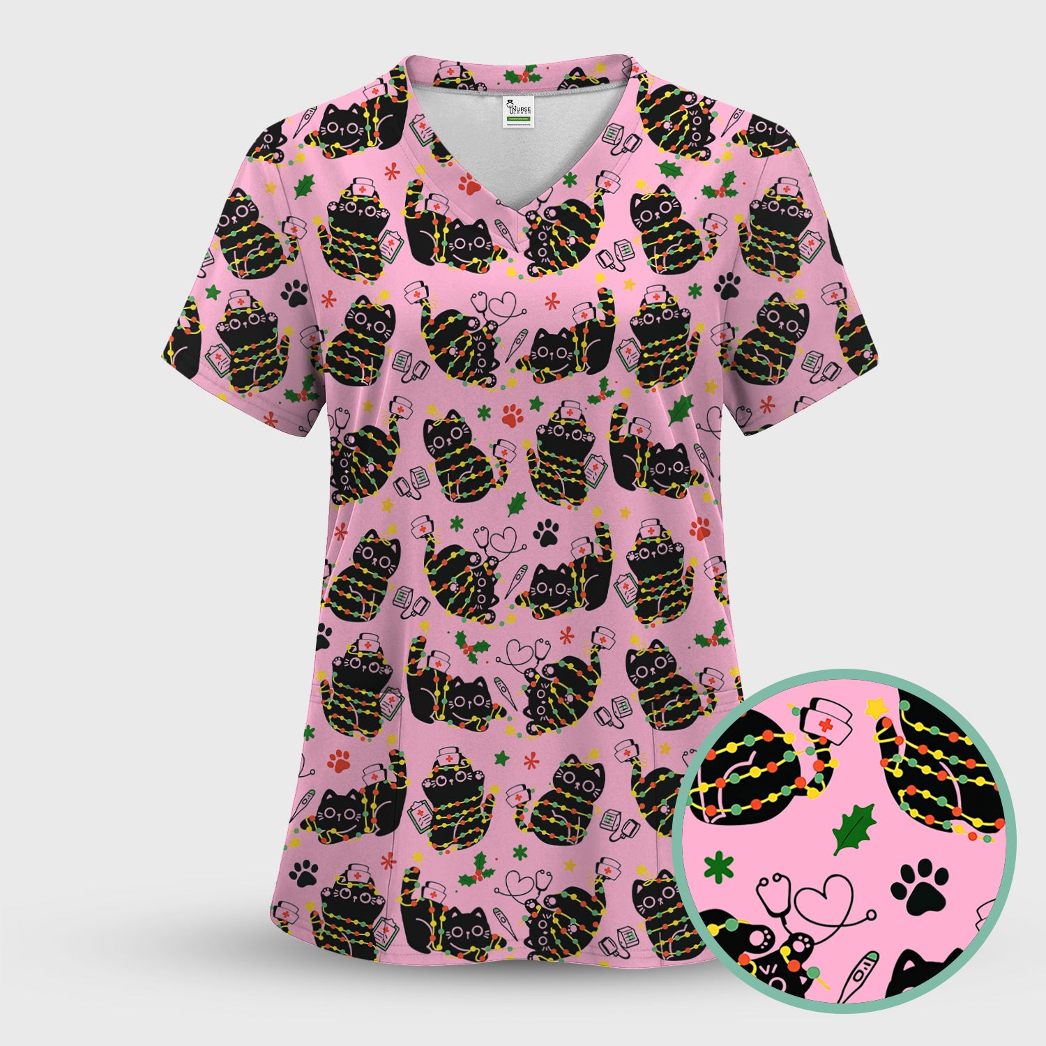 Black Cat Christmas Scrub Top – Nurse & Holiday Lights Pattern Shirt – Cute Medical Uniform For Nursing