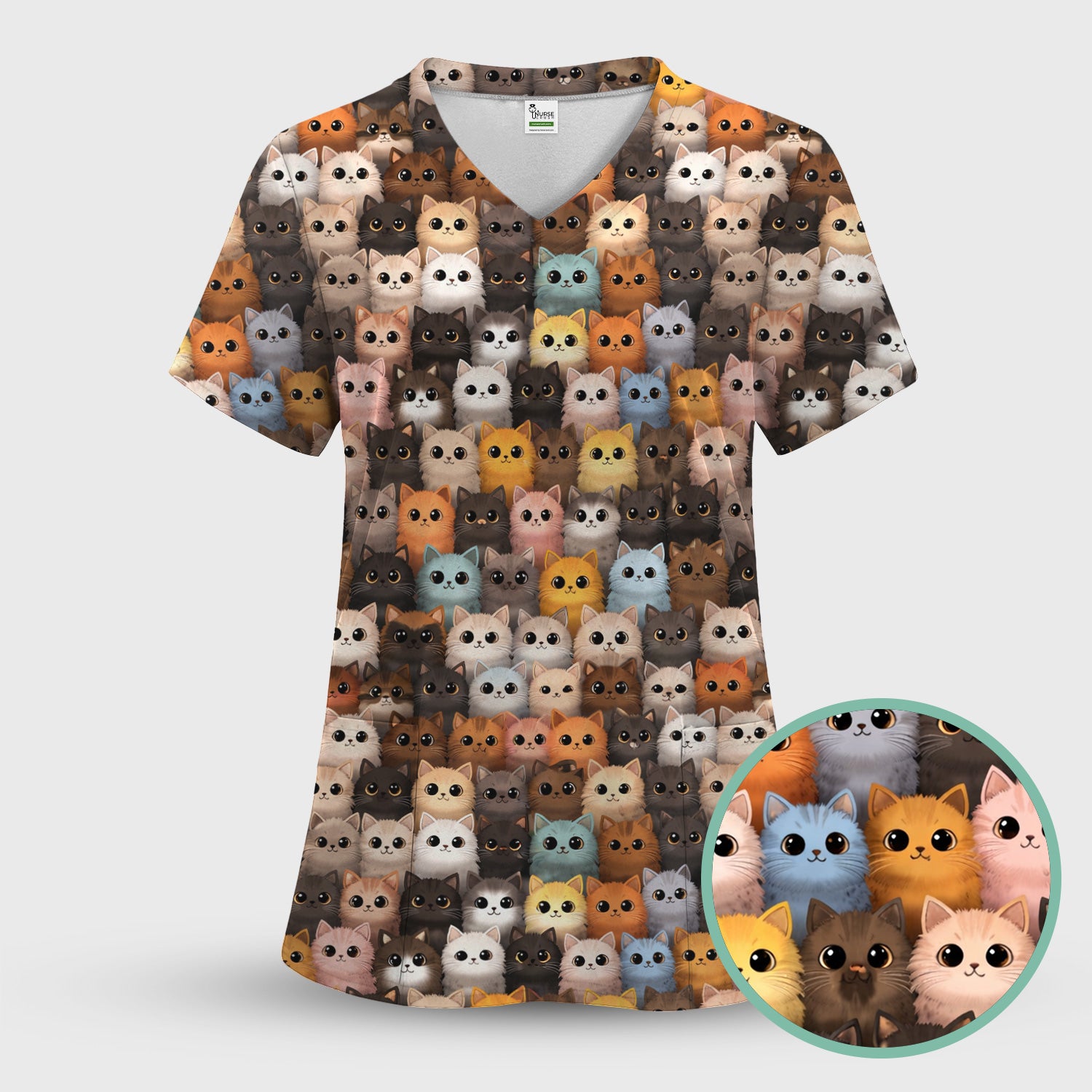 Cute Colorful Cat Pattern Scrub Top, Lightweight Medical Work Uniform