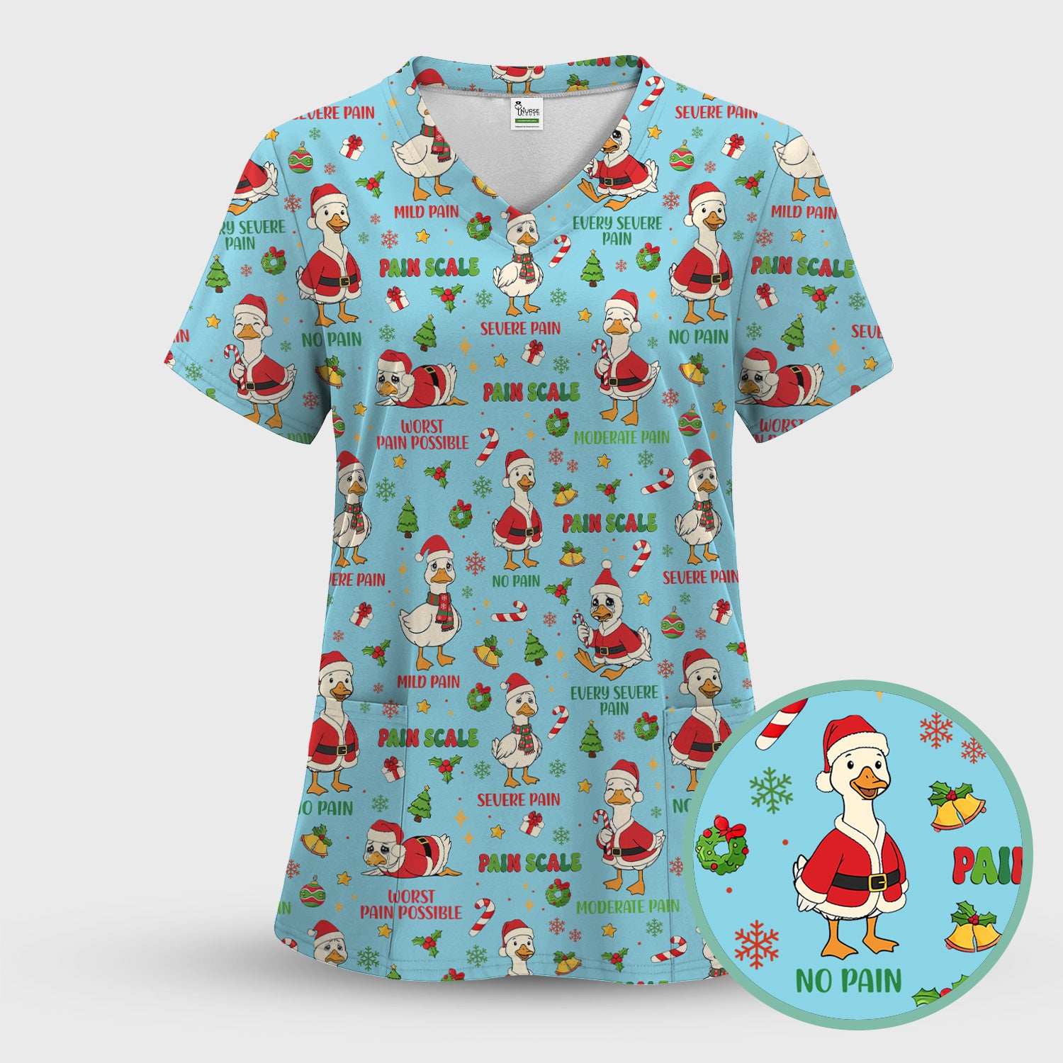 Funny Goose Christmas Scrub Top - Pain Scale Nurse Pattern Shirt - Cute Holiday Medical Scrubs for Women